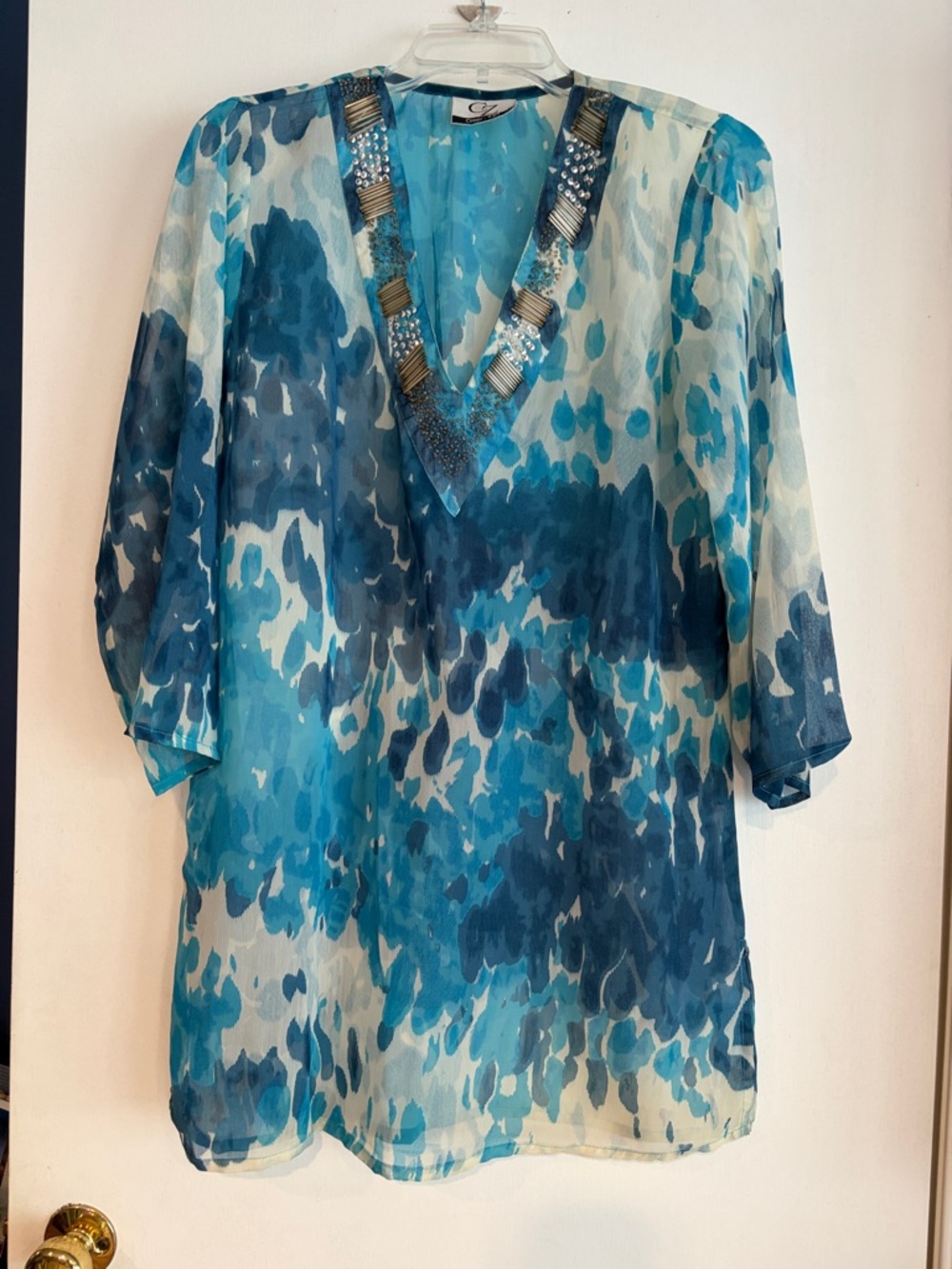 Beaded V-Neck Sheer Blue Watercolor Swim Coverup Tunic